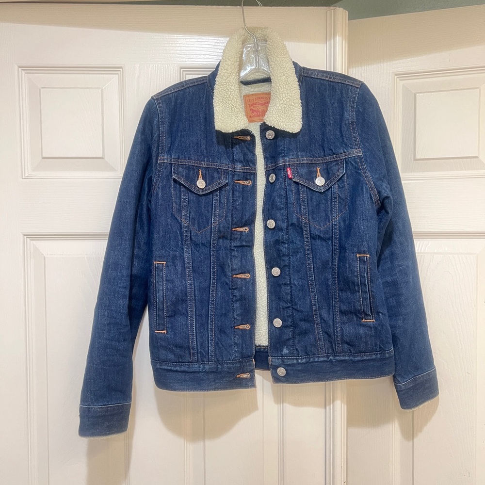 Levi's Sherpa Trucker Jacket Blue Womens Size XS winter fall jeans jacket
